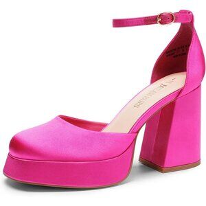 Dream Pairs Hot Pink Polyurethane (PU) Closed Toe Block Pumps Ankle Strap Shoes